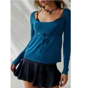 UO Kimchi Brinley Blue Cotton Blend Peplum Baby Doll Pointelle Sweater M Blue